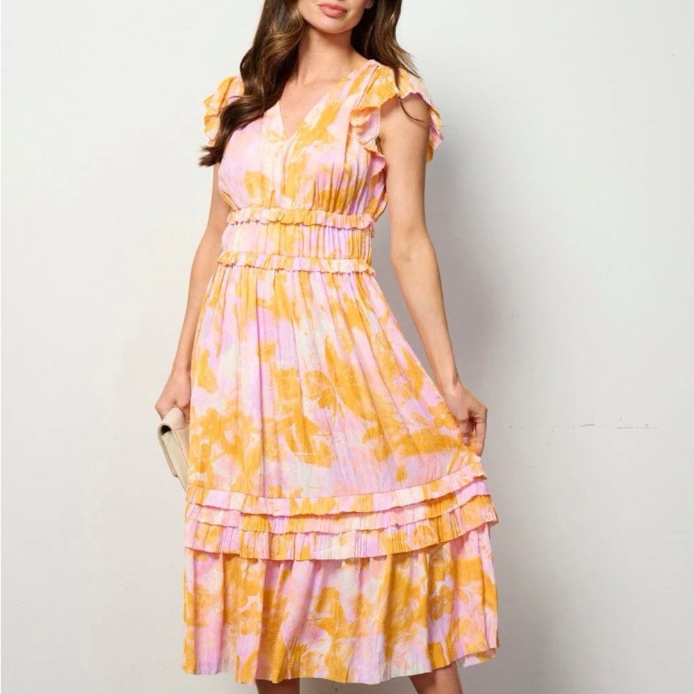 Current Air Vibrant Midi Dress in Pink and Orange